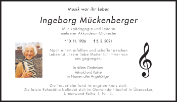 Traueranzeige von Ingeborg Mückenberger von Süddeutsche Zeitung