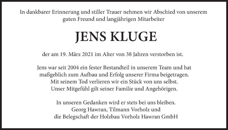  Traueranzeige für Jens Kluge vom 27.03.2021 aus Süddeutsche Zeitung