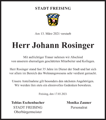 Traueranzeige von Johann Rosinger von Süddeutsche Zeitung