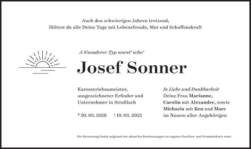  Traueranzeige für Josef Sonner vom 27.03.2021 aus Süddeutsche Zeitung