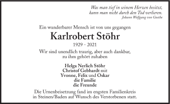 Traueranzeige von Karlrobert Stöhr von Süddeutsche Zeitung