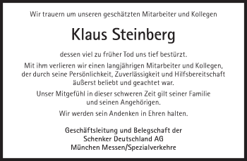 Traueranzeige von Klaus Steinberg von Süddeutsche Zeitung