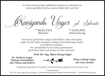 Traueranzeige von Kunigunda Unger von Süddeutsche Zeitung