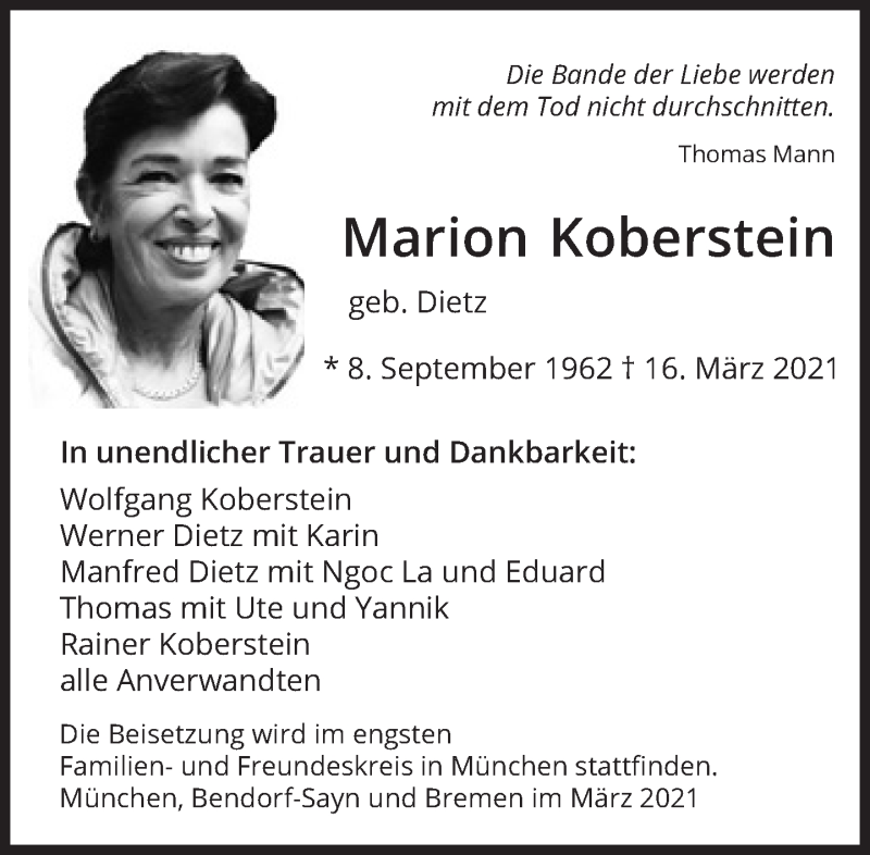  Traueranzeige für Marion Koberstein vom 20.03.2021 aus Süddeutsche Zeitung