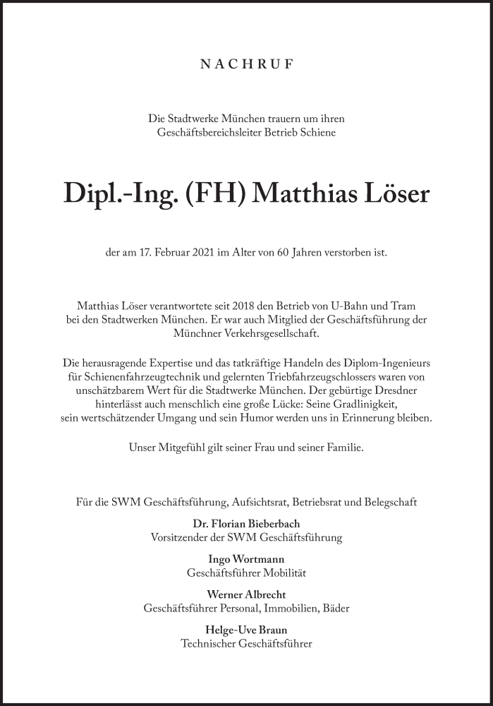  Traueranzeige für Matthias Löser vom 05.03.2021 aus Süddeutsche Zeitung