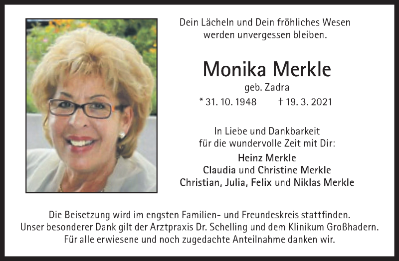  Traueranzeige für Monika Merkle vom 27.03.2021 aus Süddeutsche Zeitung