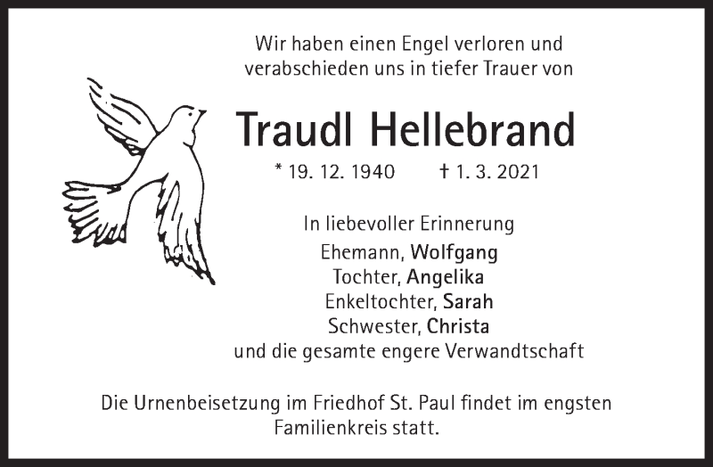  Traueranzeige für Traudl Hellebrand vom 06.03.2021 aus Süddeutsche Zeitung