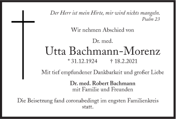 Traueranzeige von Utta Bachmann-Morenz von Süddeutsche Zeitung