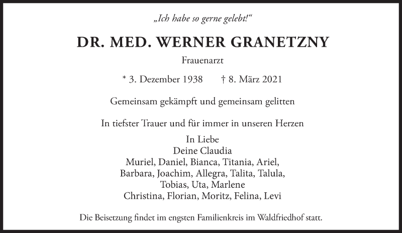  Traueranzeige für Werner Granetzny vom 20.03.2021 aus Süddeutsche Zeitung