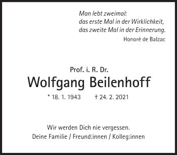 Traueranzeige von Wolfgang Beilenhoff von Süddeutsche Zeitung