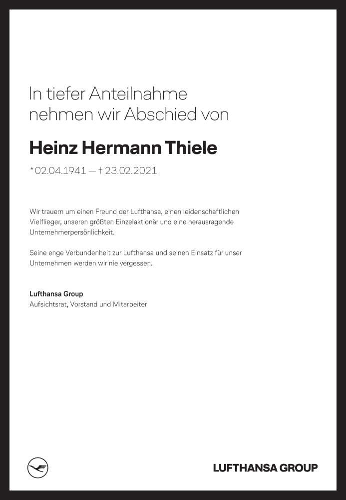  Traueranzeige für Heinz Hermann Thiele vom 27.02.2021 aus Süddeutsche Zeitung