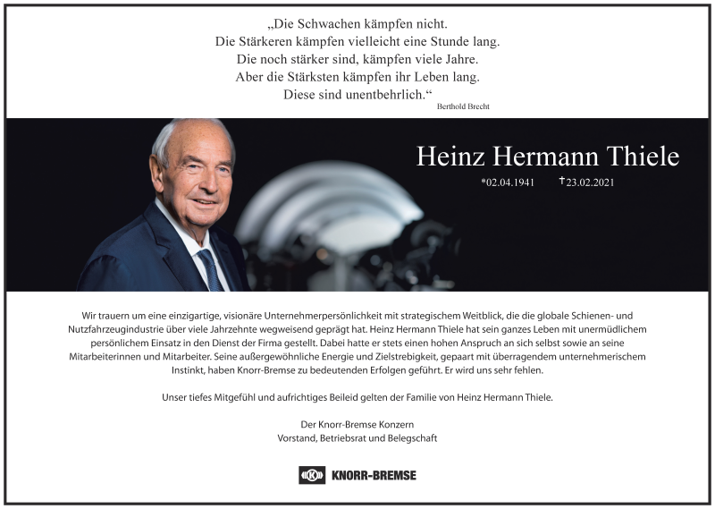  Traueranzeige für Heinz Hermann Thiele vom 27.01.2021 aus Süddeutsche Zeitung