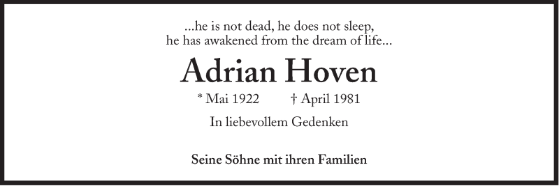  Traueranzeige für Adrian Hoven vom 03.04.2021 aus Süddeutsche Zeitung