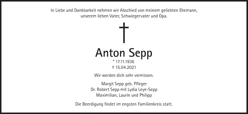  Traueranzeige für Anton Sepp vom 17.04.2021 aus Süddeutsche Zeitung