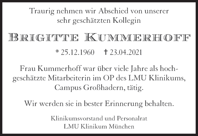  Traueranzeige für Brigitte Kummerhoff vom 30.04.2021 aus Süddeutsche Zeitung