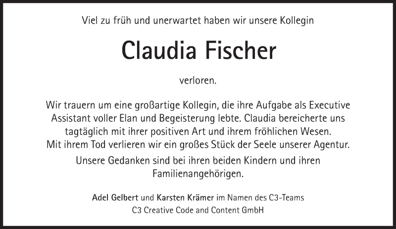  Traueranzeige für Claudia Fischer vom 19.04.2021 aus Süddeutsche Zeitung