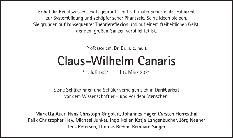 Anzeige von  Claus-Wilhelm Canaris