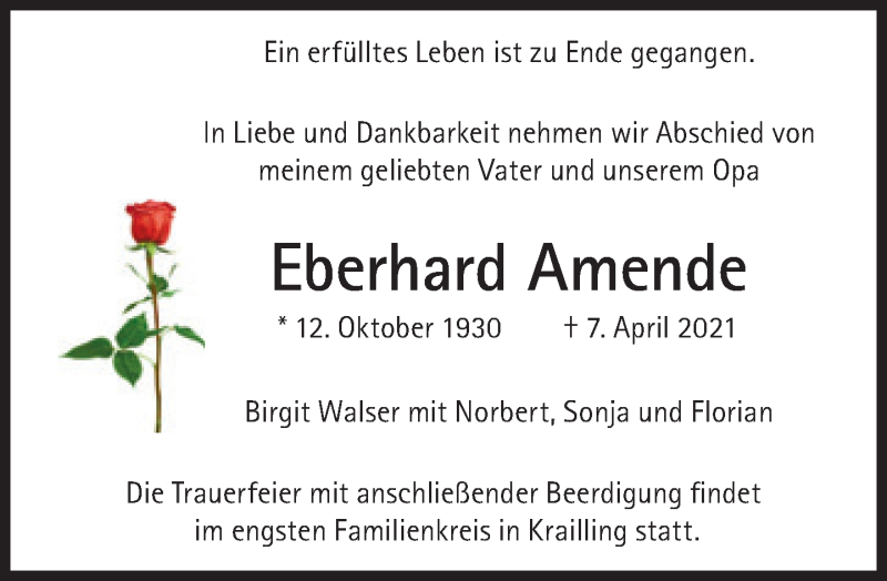  Traueranzeige für Eberhard Amende vom 10.04.2021 aus Süddeutsche Zeitung