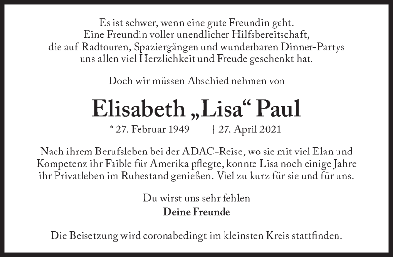 Traueranzeige für Elisabeth  Paul vom 30.04.2021 aus Süddeutsche Zeitung