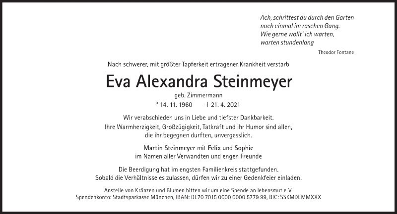 Traueranzeige für Eva Alexandra Steinmeyer  vom 30.04.2021 aus Süddeutsche Zeitung