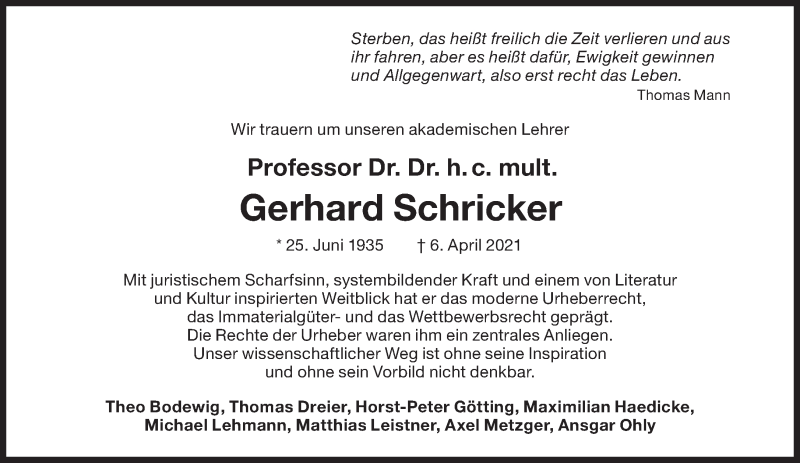 Anzeige von  Gerhard Schricker