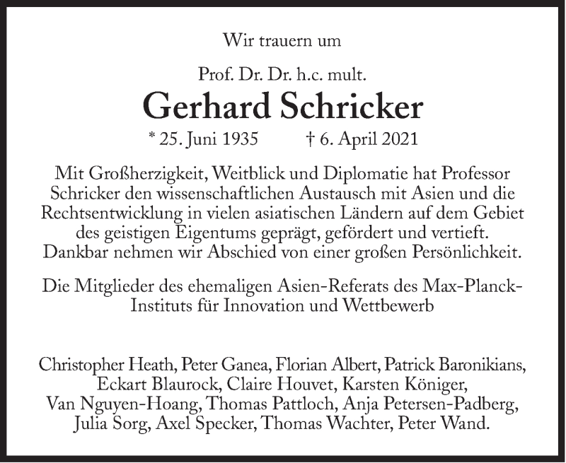 Anzeige von  Gerhard Schricker
