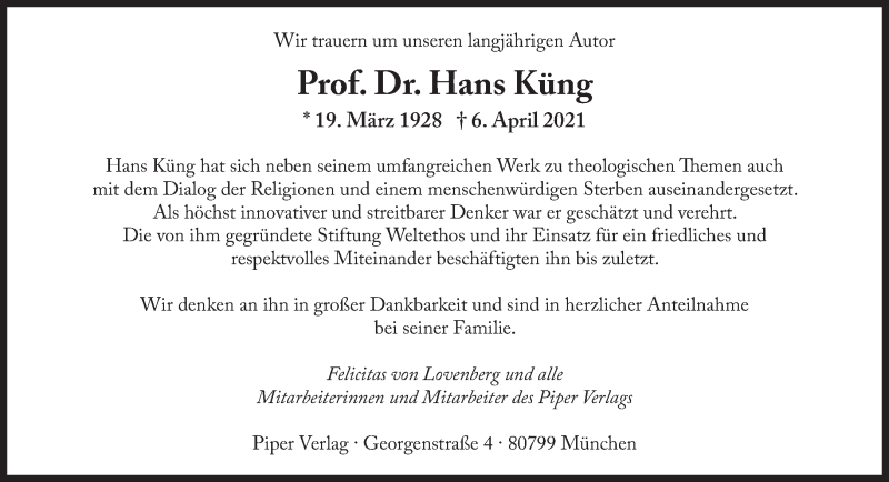  Traueranzeige für Hans Küng vom 09.04.2021 aus Süddeutsche Zeitung