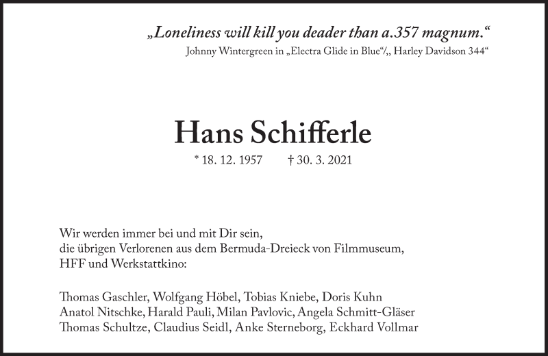 Traueranzeige für Hans Schifferle vom 06.04.2021 aus Süddeutsche Zeitung