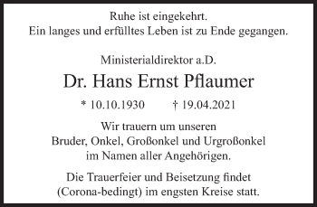 Traueranzeige von Hans Ernst Pflaumer von Süddeutsche Zeitung