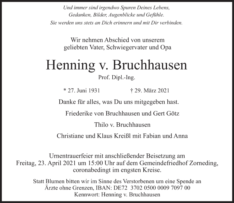 Anzeige von  Henning v. Bruchhausen