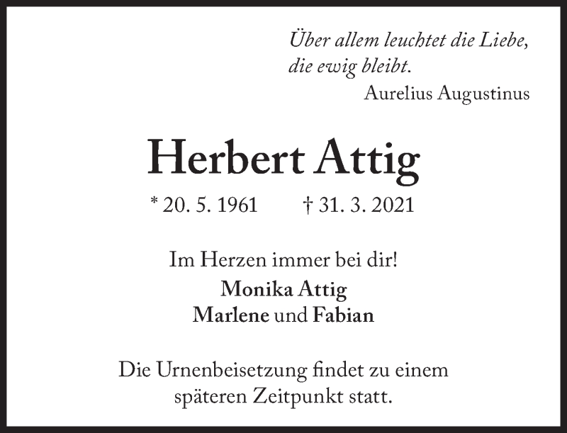  Traueranzeige für Herbert Attig vom 06.04.2021 aus Süddeutsche Zeitung