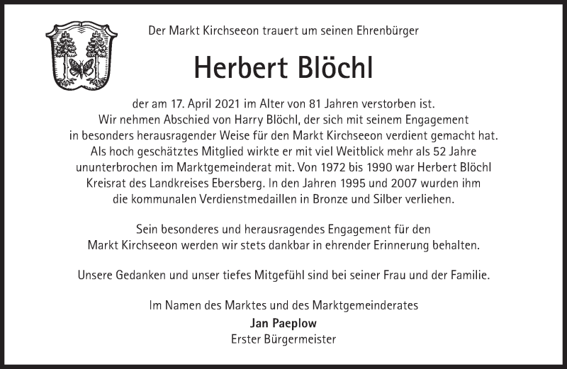  Traueranzeige für Herbert Blöchl vom 24.04.2021 aus Süddeutsche Zeitung