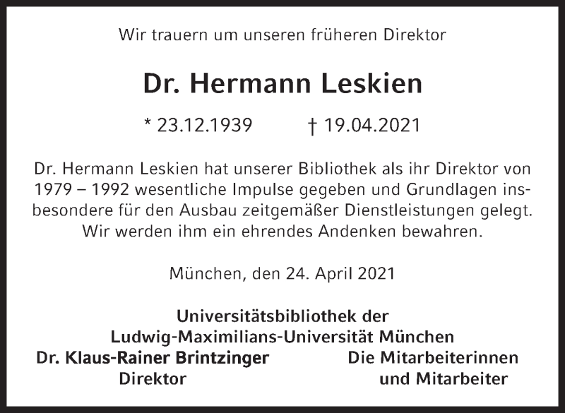 Anzeige von  Hermann Leskien