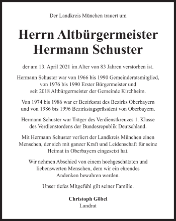 Traueranzeige von Hermann Schuster von Süddeutsche Zeitung