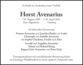 Traueranzeige von Horst Avenarius von Süddeutsche Zeitung