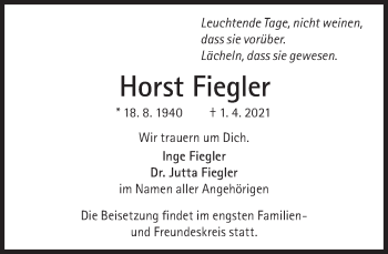 Traueranzeige von Horst Fiegler von Süddeutsche Zeitung