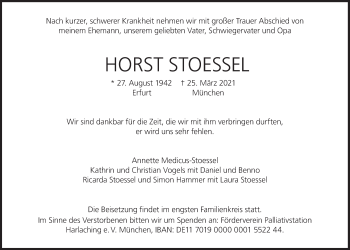 Traueranzeige von Horst Stoessel von Süddeutsche Zeitung