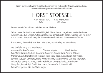 Traueranzeige von Horst Stoessel von Süddeutsche Zeitung