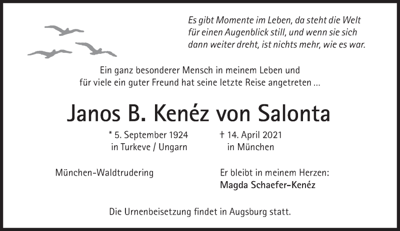  Traueranzeige für Janos B. Kenéz von Salonta vom 17.04.2021 aus Süddeutsche Zeitung