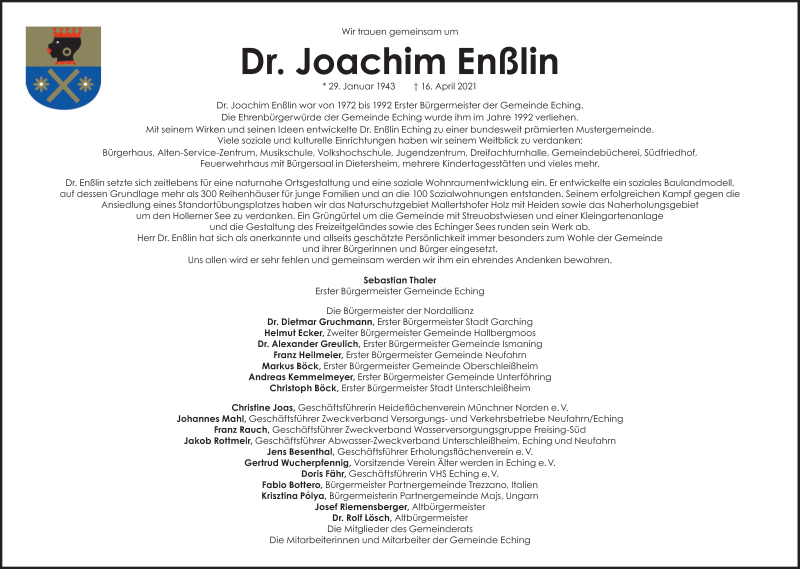  Traueranzeige für Joachim Enßlin vom 24.04.2021 aus Süddeutsche Zeitung