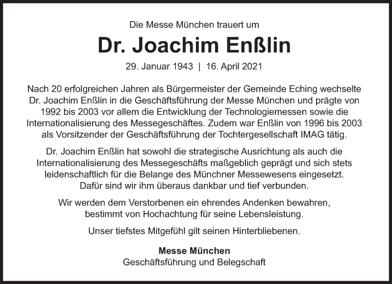  Traueranzeige für Joachim Enßlin vom 21.04.2021 aus Süddeutsche Zeitung