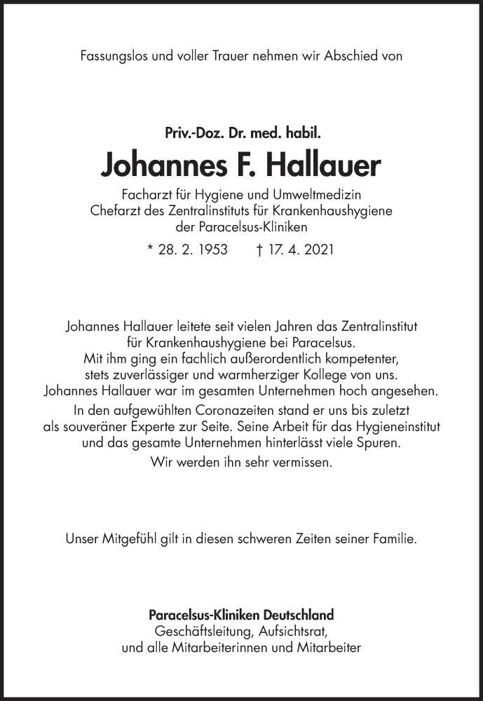  Traueranzeige für Johannes F. Hallauer vom 24.04.2021 aus Süddeutsche Zeitung
