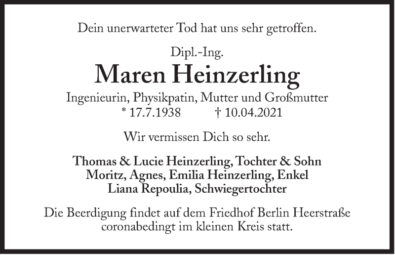  Traueranzeige für Maren Heinzerling vom 24.04.2021 aus Süddeutsche Zeitung