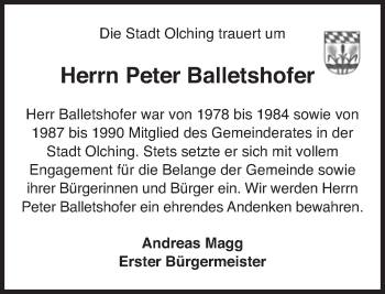 Traueranzeige von Peter Balletshofer von Süddeutsche Zeitung