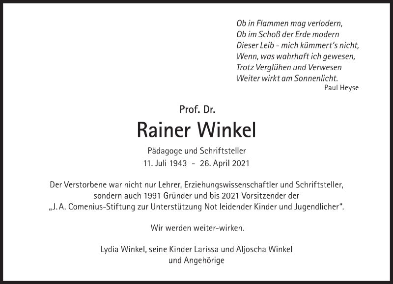  Traueranzeige für Rainer Winkel vom 30.04.2021 aus Süddeutsche Zeitung