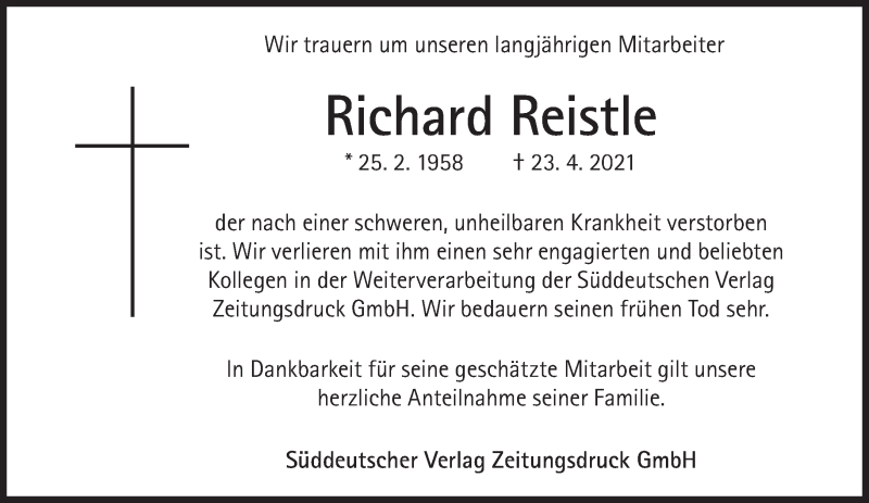  Traueranzeige für Richard Reistle vom 30.04.2021 aus Süddeutsche Zeitung