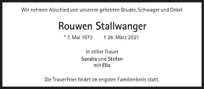 Traueranzeige für Rouwen Stallwanger vom 17.04.2021 aus Süddeutsche Zeitung
