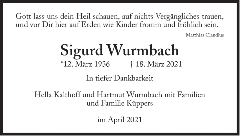  Traueranzeige für Sigurd Wurmbach vom 17.04.2021 aus Süddeutsche Zeitung
