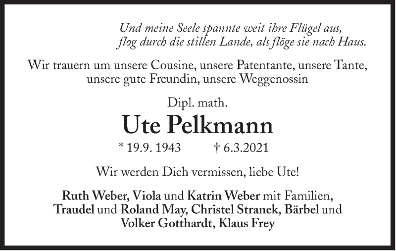  Traueranzeige für Ute Pelkmann vom 03.04.2021 aus Süddeutsche Zeitung