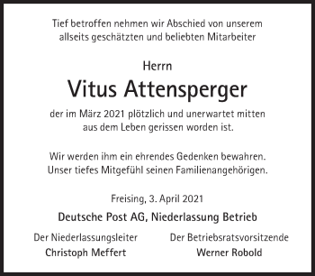 Traueranzeige von Vitus Attensperger von Süddeutsche Zeitung